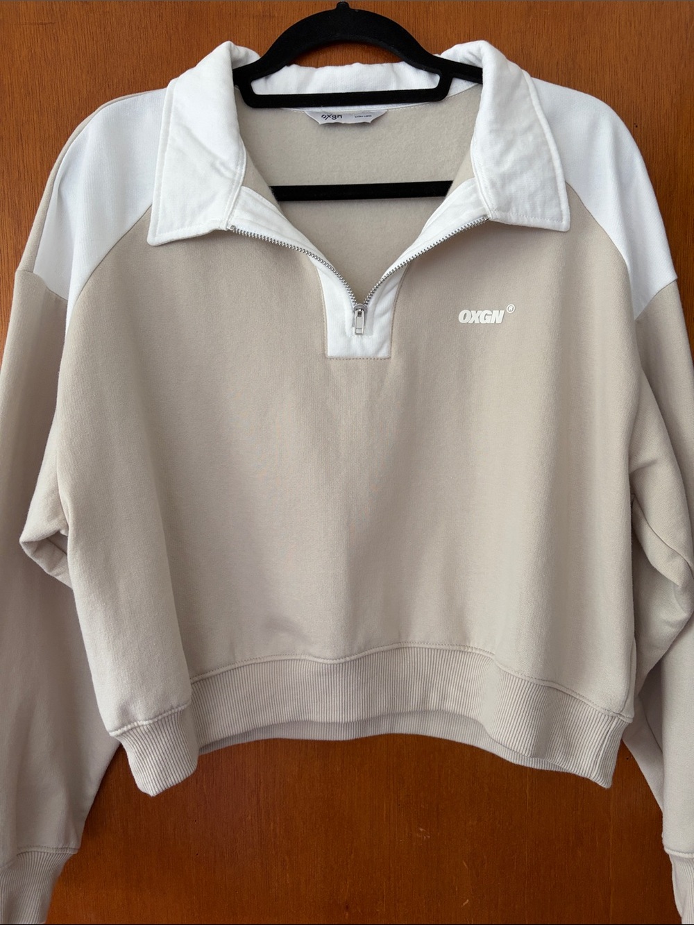 Women's Beige and White Quarter-Zip Pullover Sweatshirt